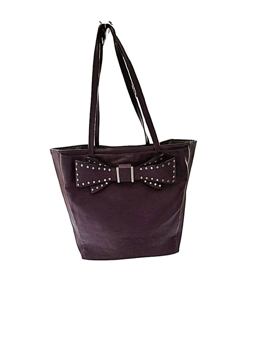 Betsey Johnson Tote Large Plum Purple Bag Silver Studded Bow Faux Leather Purse